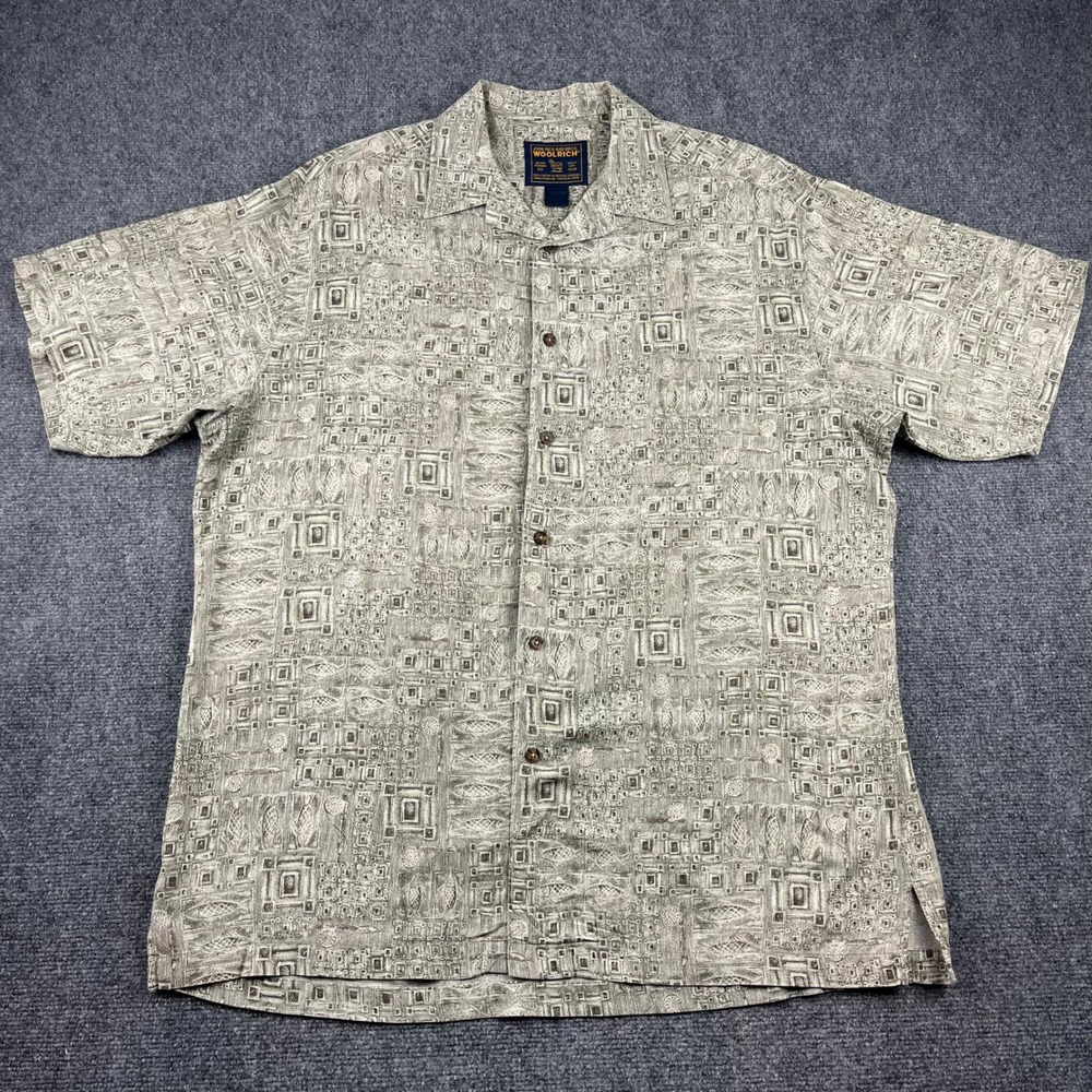Vtg Woolrich Mens Short Sleeve Button Down Shirt Geometric Fish Print XL